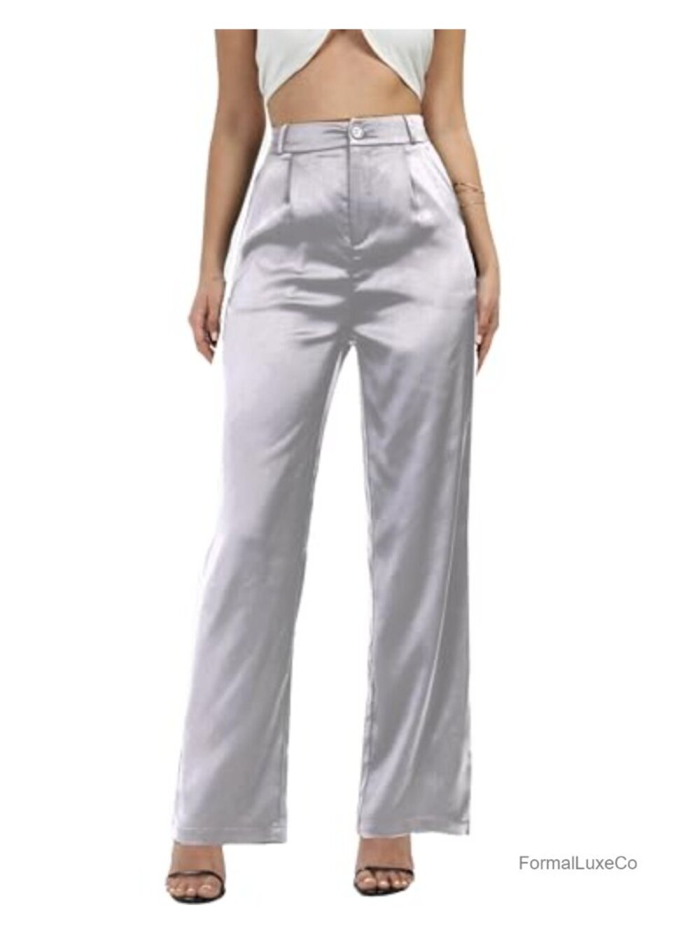 Wide Leg Satin High Rise Pleated Trousers Wedding Party Nightout